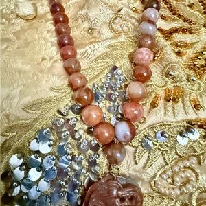 Handcrafted Brown-Red Agate Bead Necklace with Dragon Carved Pendant